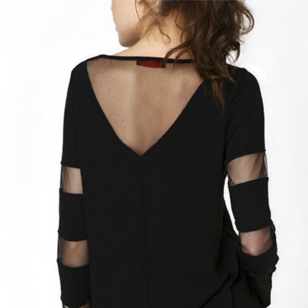 Scarlett black sheer-stripe long-sleeved top, L, NWOT